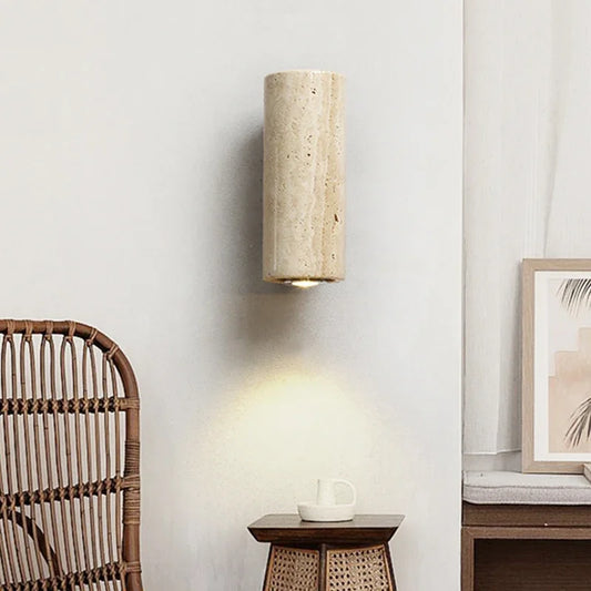 Kyroza Wall Lights – Travertine & Wood Cylinder Wall Lamp